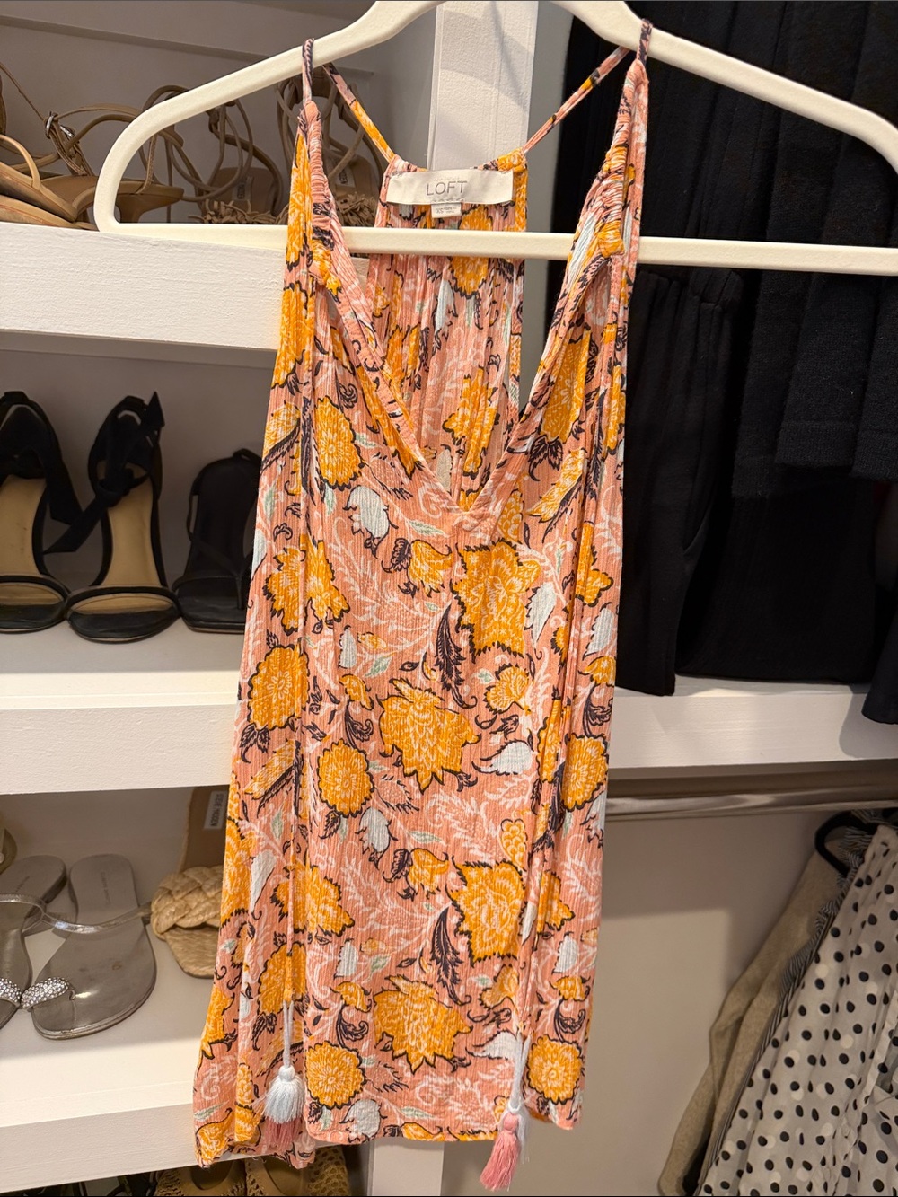 LOFT Peach-Pink Floral V-Neck Top with Tassel Ties